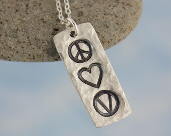 Rustic Peace Love Vegan Necklace- handmade fine silver rectangle charm- peace sign, heart & vegan symbol, sterling chain- free shipping USA