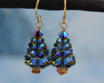 Color changing crystal Christmas Tree 14k gold-filled earrings - green, gold, magenta sparkle - Holiday- free shipping USA