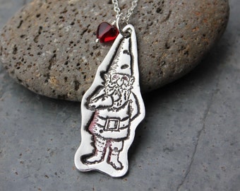 Splendid Gnome Necklace - Handmade fine silver pendant, red glass heart - Sterling silver chain - fantasy creature