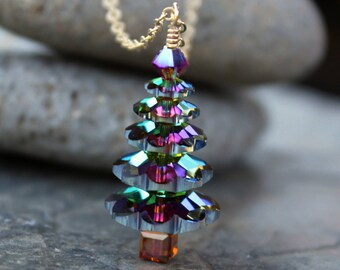 Color changing crystal Christmas tree gold necklace - green, gold, magenta - luxe holiday sparkle -14k  gold filled necklace