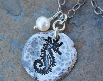 Rustic Seahorse Necklace - handmade fine silver hammered disc charm & freshwater pearl, oxidized textured sterling silver chain- ocean fish