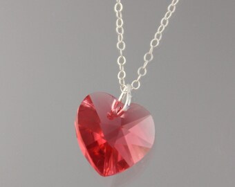 Padparadscha Pink Swarovski Crystal Heart Necklace - pink heart on sterling silver chain - also available in gold,  free shipping USA