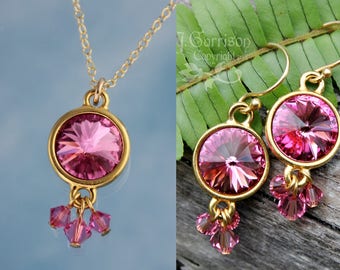 Rose Pink Swarovski Rivoli Crystal & Gold Necklace and Earring Set - 14k gold filled chain and hooks - free shipping USA