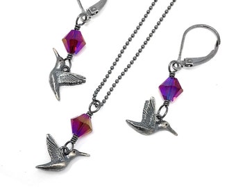 Hummingbird Necklace & Earrings Set or Separates- Antiqued silver birds, iridescent hot pink crystals, black sterling silver chain + hooks