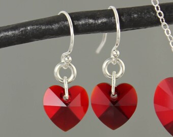 Siam Ruby Red Crystal Heart Earrings - sparkly Swarovski crystal hearts on sterling silver hooks - free shipping USA