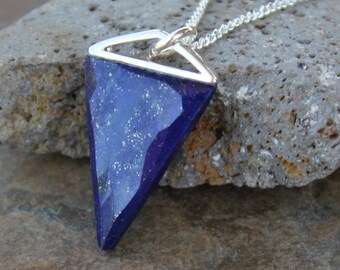 Lapis Lazuli Pendant Necklace- deep blue pennant triangle shape gemstone with gold flecks, shiny bright sterling silver curb chain