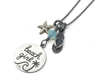 Beach Girl Necklace- Flip Flop, Starfish, Pacific Opal Crystal, black sterling silver chain- Antiqued or Shiny Charm w/ Palm tree + wave