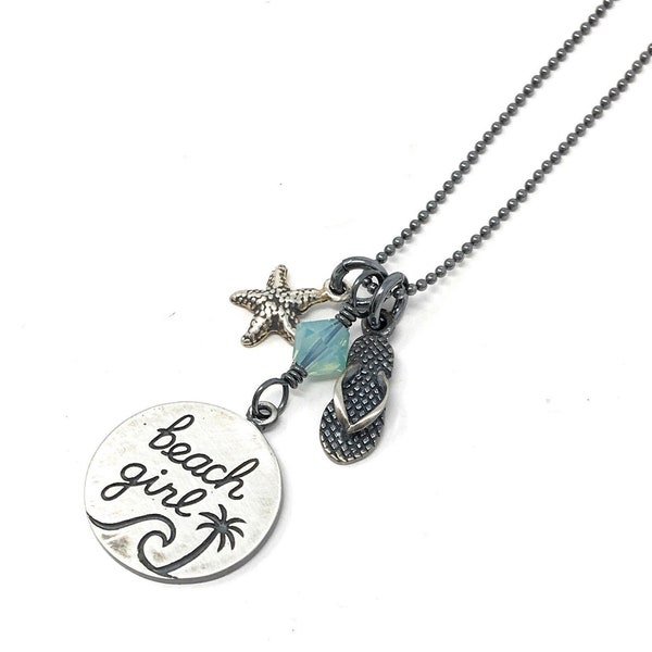 Beach Girl Necklace- Flip Flop, Starfish, Pacific Opal Crystal, black sterling silver chain- Antiqued or Shiny Charm w/ Palm tree + wave