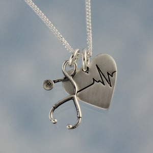 Heartbeat EKG Rhythm and Stethoscope Charm Necklace - Sterling silver charms & chain- for nurse, doctor, cardiac specialist, medical worker