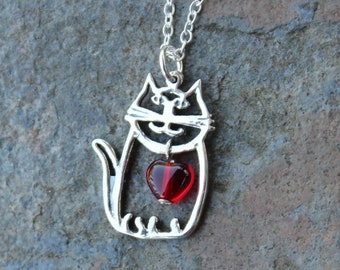 Kitty Love Necklace - sterling silver cat charm and red glass heart bead on sterling silver chain - other heart colors available- pet love