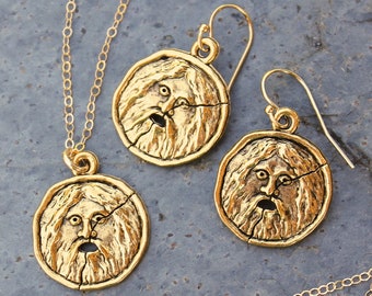 Gold Bocca Della Verita Necklace & Earring Set - Ancient Roman symbol charm -Italy charm - mouth of truth - pagan - Roman Holiday