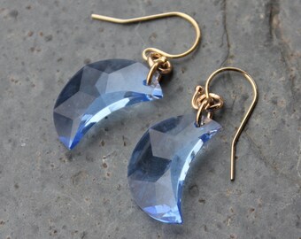 Light sapphire blue crystal crescent moon earrings- sterling silver earwires - pale blue Swarovski crystal moons