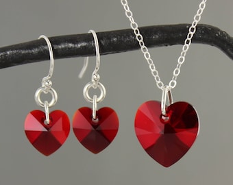 Siam Ruby Red Heart Necklace & Earrings Set -sparkly vibrant red Swarovski crystal - sterling silver chain and ear hooks -free shipping USA