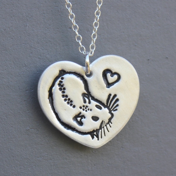 Hamster Love necklace - fine silver handmade heart charm with stamped hamster on sterling silver chain - free shipping in USA