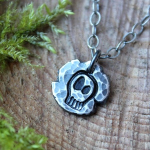 Skully necklace: petite handmade fine silver oxidized fragment charm with skull -pirate plunder- antiqued textured sterling silver chain