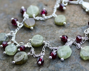 Olivine coin and garnet nugget bracelet - delicate sterling silver chain and sweet gemstone beads - free shipping USA