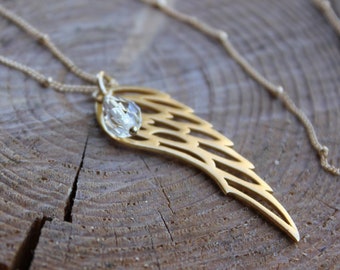 Large Satin Gold Angel Wing and Crystal Teardrop Necklace - 24k gold plated angel wing charm + birthstone Swarovski crystal- memorial charm