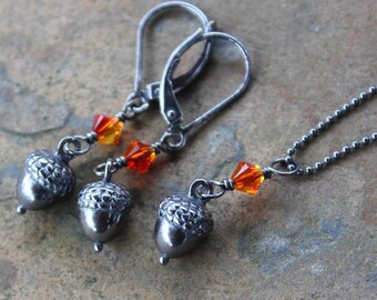 Little Acorns Necklace, Earrings or Set- black silver nut charms, fire opal orange or birthstone crystals, on sterling silver chain + hooks