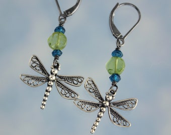 Sterling Silver Filigree Dragonfly Earrings- Peridot + London Blue Topaz Gemstones, shiny black sterling silver lever back hooks