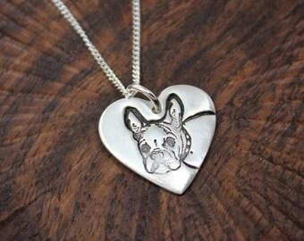 French Bulldog Love Necklace - handmade fine silver heart charm with a cute dog on sterling curb chain - Pet, Dog - free shipping USA