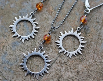 Solar Eclipse Necklace & Earrings Set or Separates- Antiqued silver radiant suns, red-orange crystals, black sterling silver chain + hooks