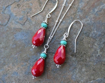 Red and Turquoise Glass Drop Pendant Necklace, Earrings, or Set - Sterling Silver Satellite Curb Chain + Hooks