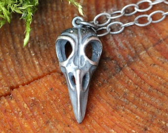 May include: A silver bird skull pendant necklace on a silver chain. The pendant is detailed and has a textured surface.