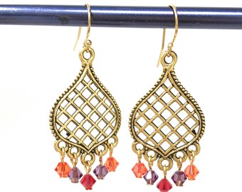 Gold Bohemian Lattice Drop Chandelier Earrings with colorful tropical pink, purple and red crystal dangles