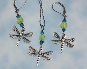 Sterling Silver Filigree Dragonfly Necklace and Earring Set- Peridot + London Blue Topaz Gemstones, shiny black sterling silver ball chain
