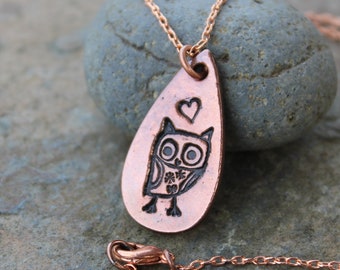 Ancient quirky owl and heart necklace - handmade antiqued copper teardrop pendant - owl & heart - solid copper chain