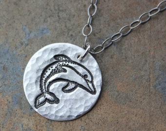 Leaping Dolphin Necklace - handmade fine silver hammered disc charm on oxidized textured sterling silver chain - ocean creatures
