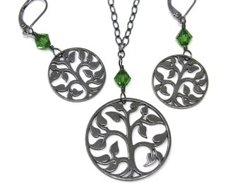 Tree of Life Necklace + Earring Set - Green or Birthstone Crystals - bright or black sterling silver charms, chain & lever back hooks