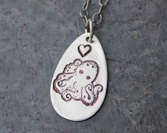 Quirky octopus necklace - handmade fine silver teardrop charm with happy octopus & heart, sterling silver chain - free shipping USA