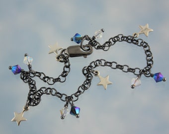 Night Sky Delicate Sterling Silver Bracelet - Sterling Silver Star Charms, Crystal Dangles - Oxidized Black Sterling Chain