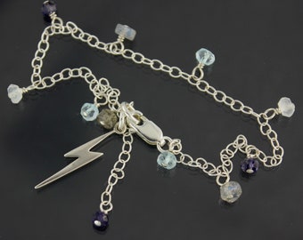 Thunder + Lightning Bolt Delicate Sterling Silver Bracelet or anklet - labradorite, iolite, blue topaz, moonstone gemstones - many sizes