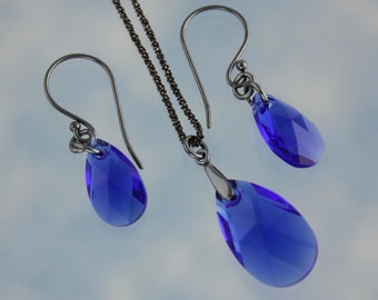 Majestic Blue Swarovski Pear Teardrop Necklace, Earrings, or Set - Black Oxidized Sterling Silver Rope Chain + Earring Hooks