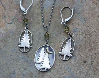 Antiqued Sterling Silver Pine Tree Necklace and Earrings Set or separates- black or bright sterling chain + lever backs, olive green crystal