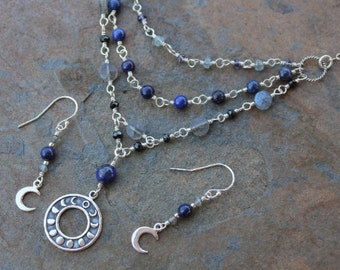 Moon Phases Necklace & Earring Set- sterling silver, lapis lazuli, labradorite gemstone beads, crescent moon earrings, sterling chain