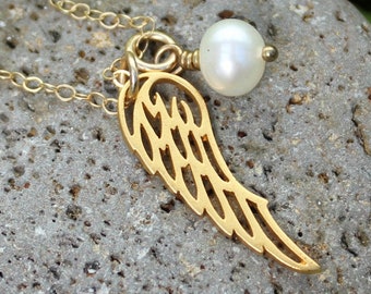 Beloved necklace - 22k gold plated Angel wing charm and freshwater pearl, delicate 14k gold filled chain - free shipping in USA