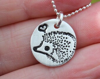 Tiny Hedgehog Necklace - handmade fine silver disc charm with pet hedgehog and tiny heart on sterling silver ball chain - delicate jewelry