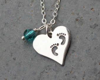 Baby Love footprint & birthstone crystal sterling silver necklace - heart charm -custom colors - new mom, memory charm - free shipping USA
