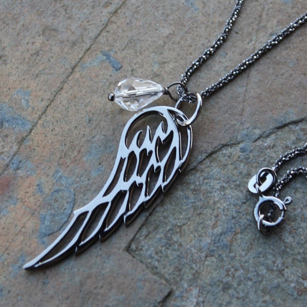 Dark Angel Wing & Teardrop Necklace - Large ruthenium platinum plated sterling silver charm, birthstone crystal, black sterling silver chain