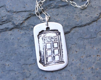 Police Box Dog Tag Necklace - Handmade fine silver pendant - Sterling silver chain - London UK and Sci Fi fans