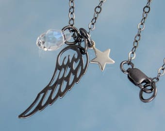Dark Angel & Star Sterling Silver Necklace- Oxidized wing charm, bright silver star or heart, crystal teardrop - free shipping USA