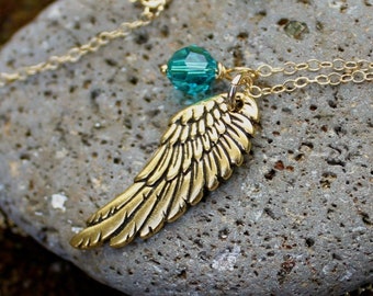 My angel necklace - gold plated angel wing and birthstone crystal on 14k gold filled delicate chain - charm made in USA