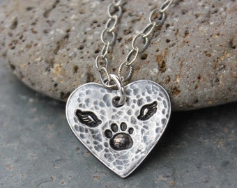 Rustic winged paw print necklace - handmade fine silver heart charm w/ cat dog pawprint & angel wings - textured oxidized sterling chain