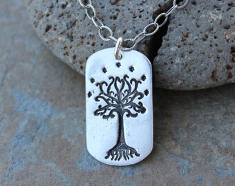 Celtic Tree & Stars Necklace - Handmade fine silver small dog tag charm - Sterling silver chain -fantasy inspired jewelry- free shipping USA