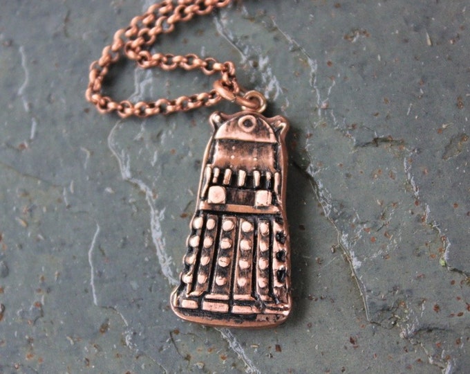 Exterminate Whovian Fun Handmade antiqued copper pendant on copper plated brass rolo chain Dalek Necklace UK Doctor Who Sci Fi Fans