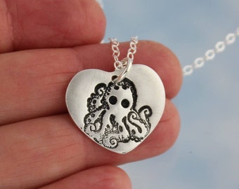 Octopus love necklace - fine silver handmade heart charm with octopus stamp on sterling silver chain - free shipping in USA