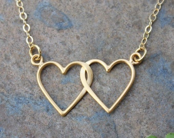 2 Hearts Intertwined Necklace - 24k Gold plated hearts on 14k gold filled delicate chain -Anniversary, Two Hearts Entwined - Love Friendship